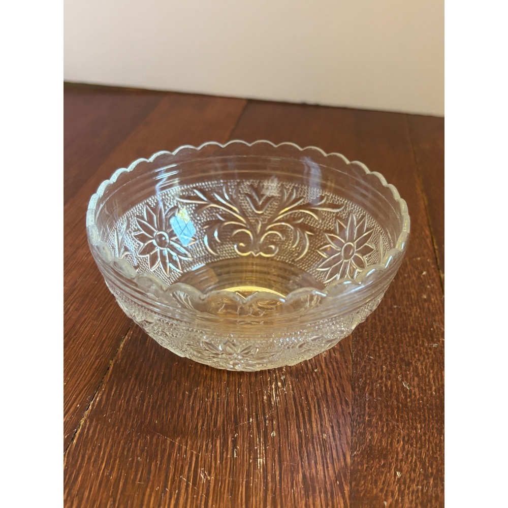 Vintage Pressed Glass Floral Scalloped Rim Small Bowl Clear Embossed 4.75 Inch